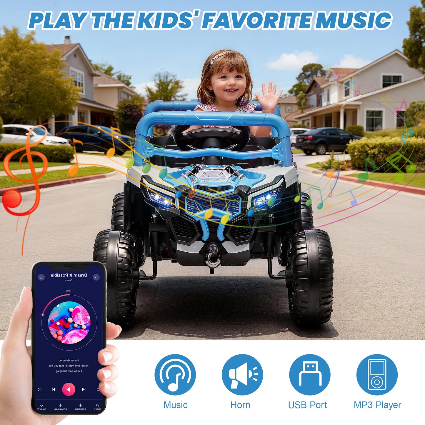 iRerts 12V Electric Ride on UTV, Powered Ride on Cars with Parent Remote Control, LED Lights, Music Player, Front Shock Absorbers, Ride on Toys for Kids Boys Girls Ages 3-4, Blue