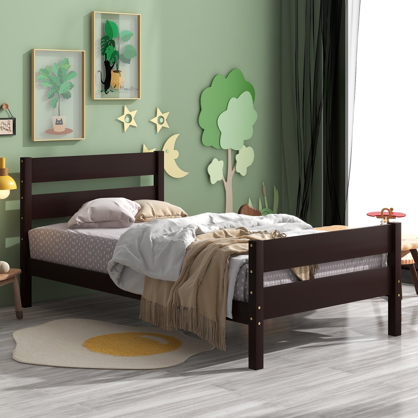 iRerts Wood Twin Bed Frame, Espresso Twin Platform Bed Frame with Headboard and Footboard, Modern Twin Bed Frame No Box Spring Needed for Adults Teens Kids, Twin Size Bed Frame with Wood Slat Support