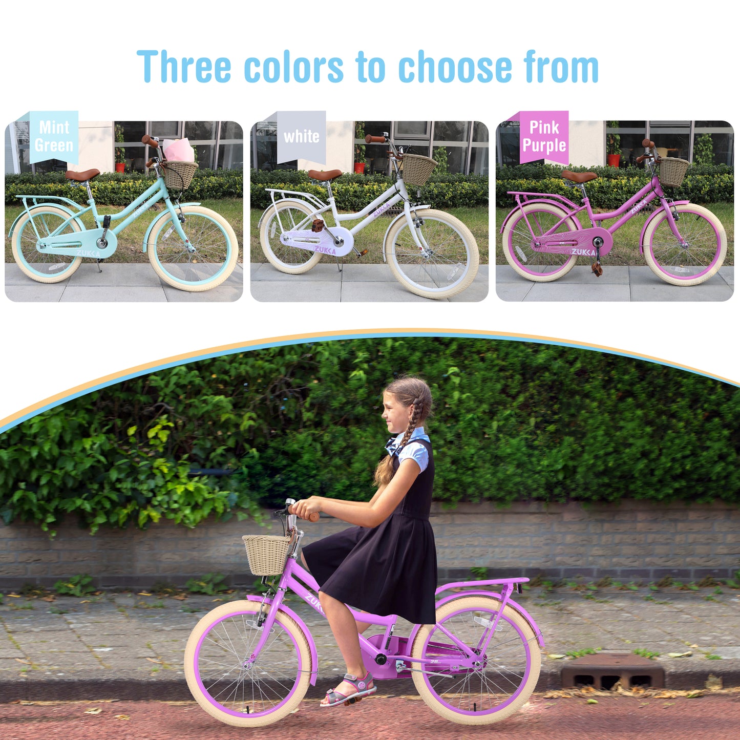 iRerts Girls Bike for 7-10 Years Old Kids, 20 Inch Bike with Basket, Brown Leather Saddle, Coaster Brakes, Retro Style Girls Bicycle Kids Cycle Bikes, Kids Bicycle for Gifts, Pink Purple