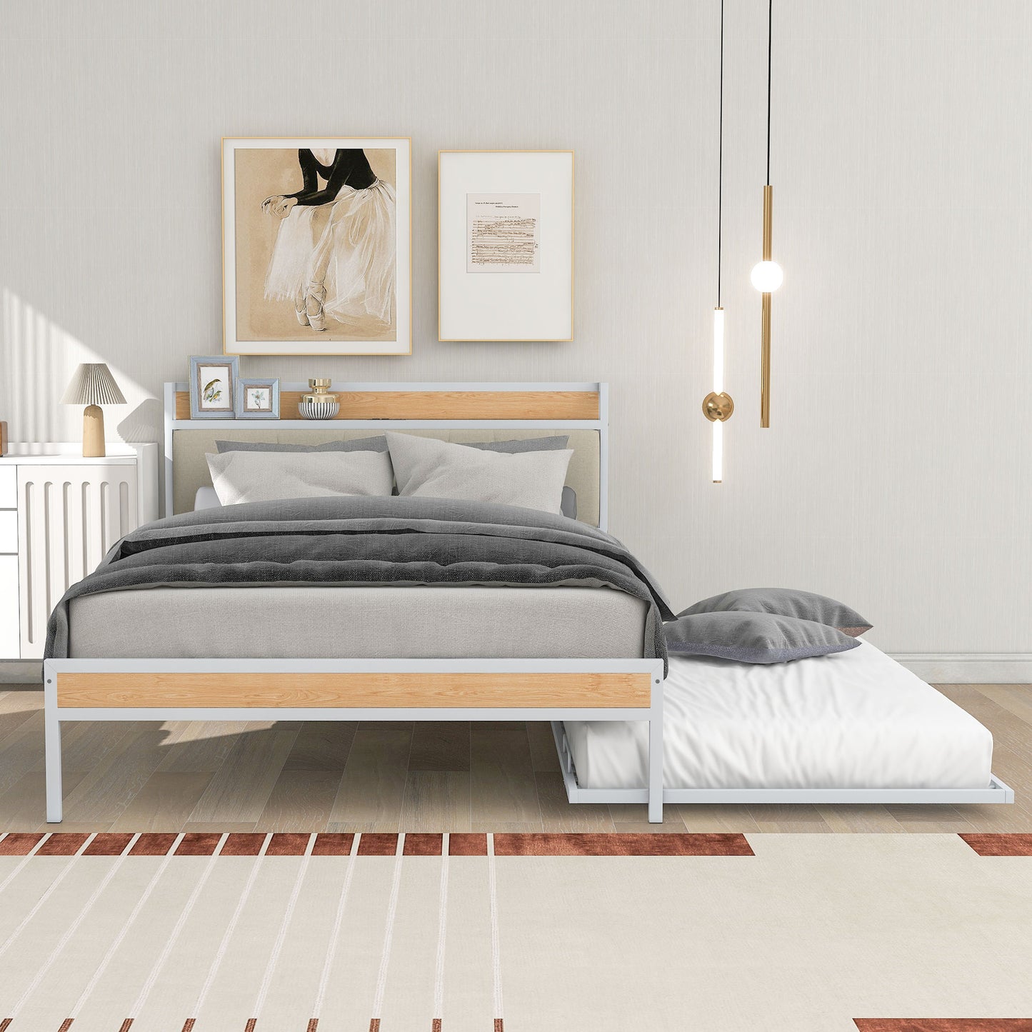 Full Size Metal Platform Bed Frame with Twin Size Trundle, Full Size Bed Frame with Upholstered Headboard, USB Ports, Steel Slat Support, Full Bed Frame No Box Spring Needed for Bedroom, White