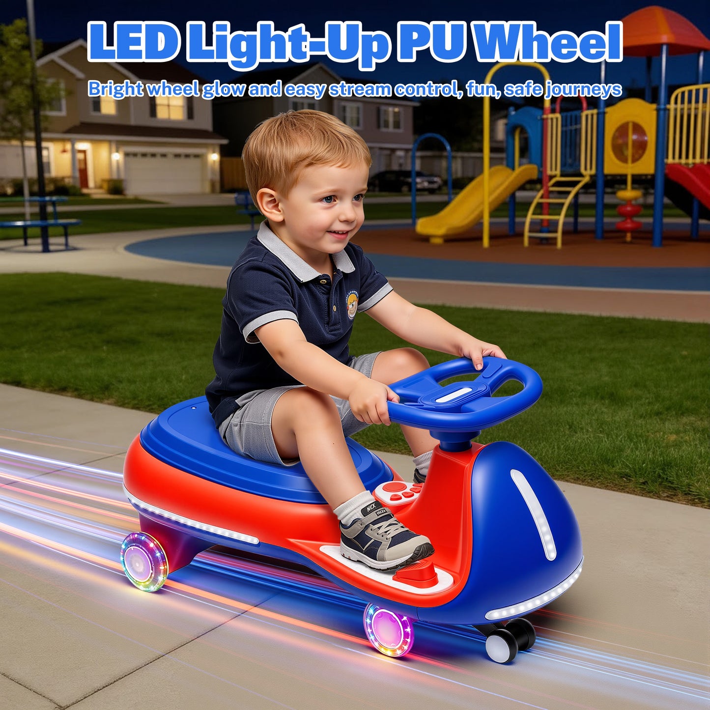 iRerts 12V Ride on Toys, Electric Ride on Wiggle Car with Pedal, 2 in 1 Swing Car Kids Wiggle Car for Toddlers Ages 3+, Kids Cars with Flashing PU Wheels, Bluetooth Music, 5MPH Max Speed, Blue+Red
