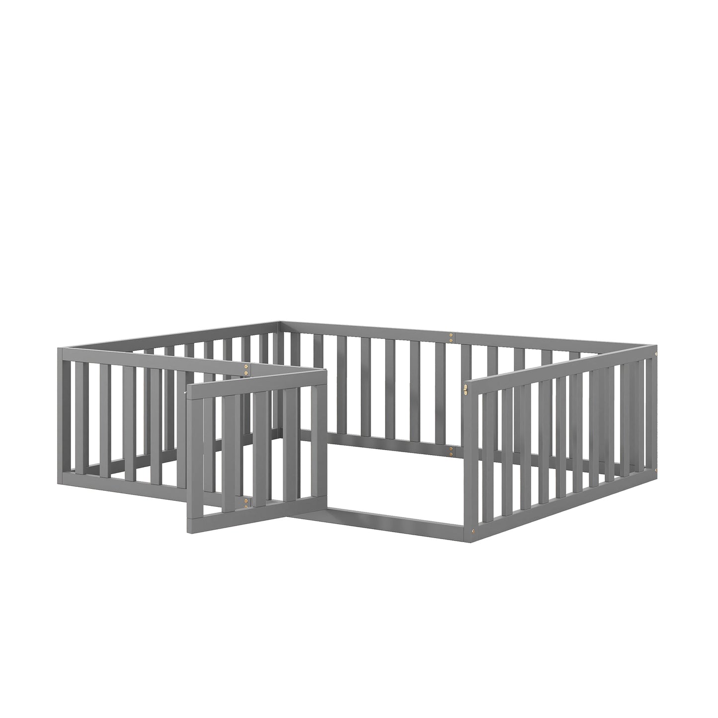 iRerts Full Floor Bed Frame for Kids Toddlers, Wood Montessori Low Floor Full Size Bed Frame with Fence Guardrail and Door, kids Full Bed for Boys Girls, Spring Needed, Gray