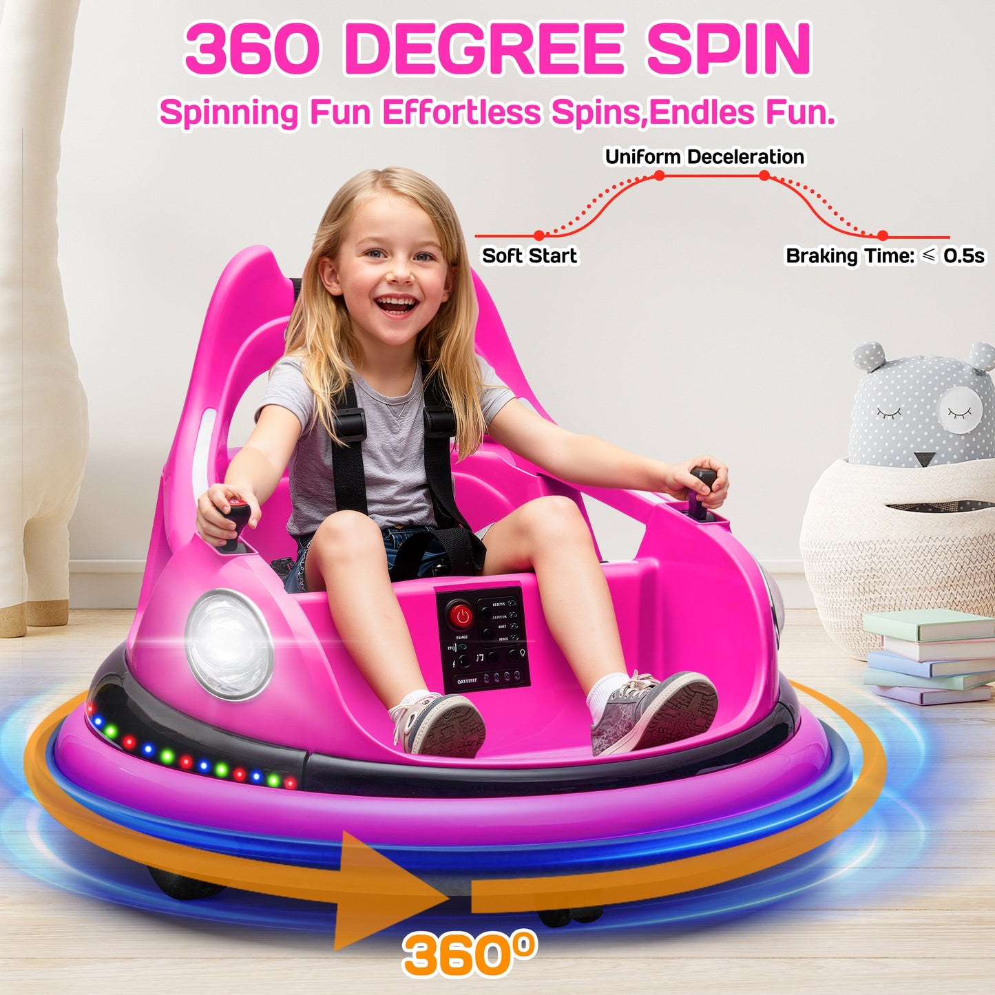 iRerts 12V Bumper Car, Ride on Electric Bumper Car for Kids Toddlers, Battery Powered Ride on Toys with Remote Control, Bluetooth, Music, LED Light, 360¡ãSpin, Gifts for 2-5 Year Old Boys Girls, Pink