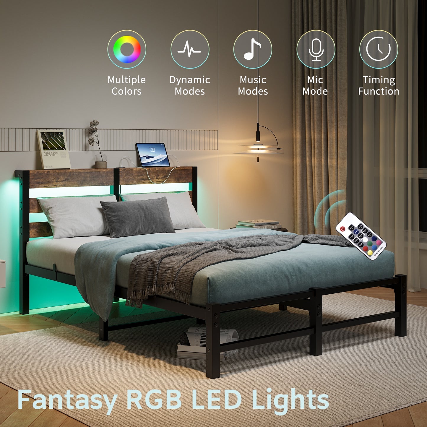 iRerts Full Bed Frame with Headboard, Metal Platform Bed Frame Full Size with USB Charging Station, LED Lights, Steel Slats, LED Bed Frame No Box Spring Needed for Bedroom Furniture, Brown