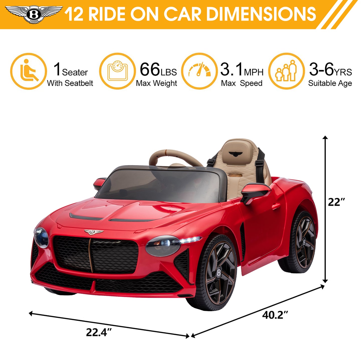 12V Ride On Car with Remote Control, Licensed Bentley Mulsanne Kids Electric Car with Bluetooth, Music, USB, MP3, LED Light, Battery Powered Electric Ride On Vehicle for Boy Girl Birthday Gift, Red