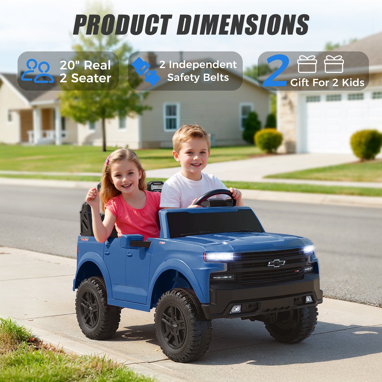 24V Powered Ride on Toys Car, Licensed Chevrolet Silverado 2 Seater Ride on Cars with Remote Control, Spring Suspension, LED Lights, Bluetooth Music, Toddler Electric Car for Kids Ages 3+, Blue