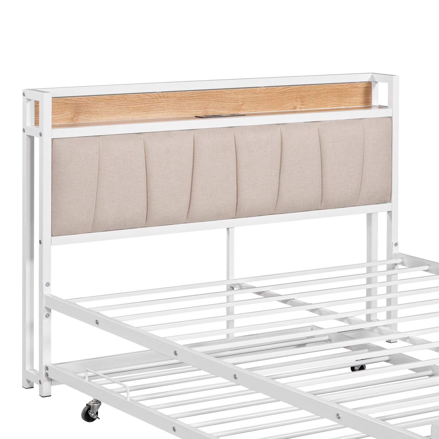 Full Size Metal Platform Bed Frame with Twin Size Trundle, Full Size Bed Frame with Upholstered Headboard, USB Ports, Steel Slat Support, Full Bed Frame No Box Spring Needed for Bedroom, White