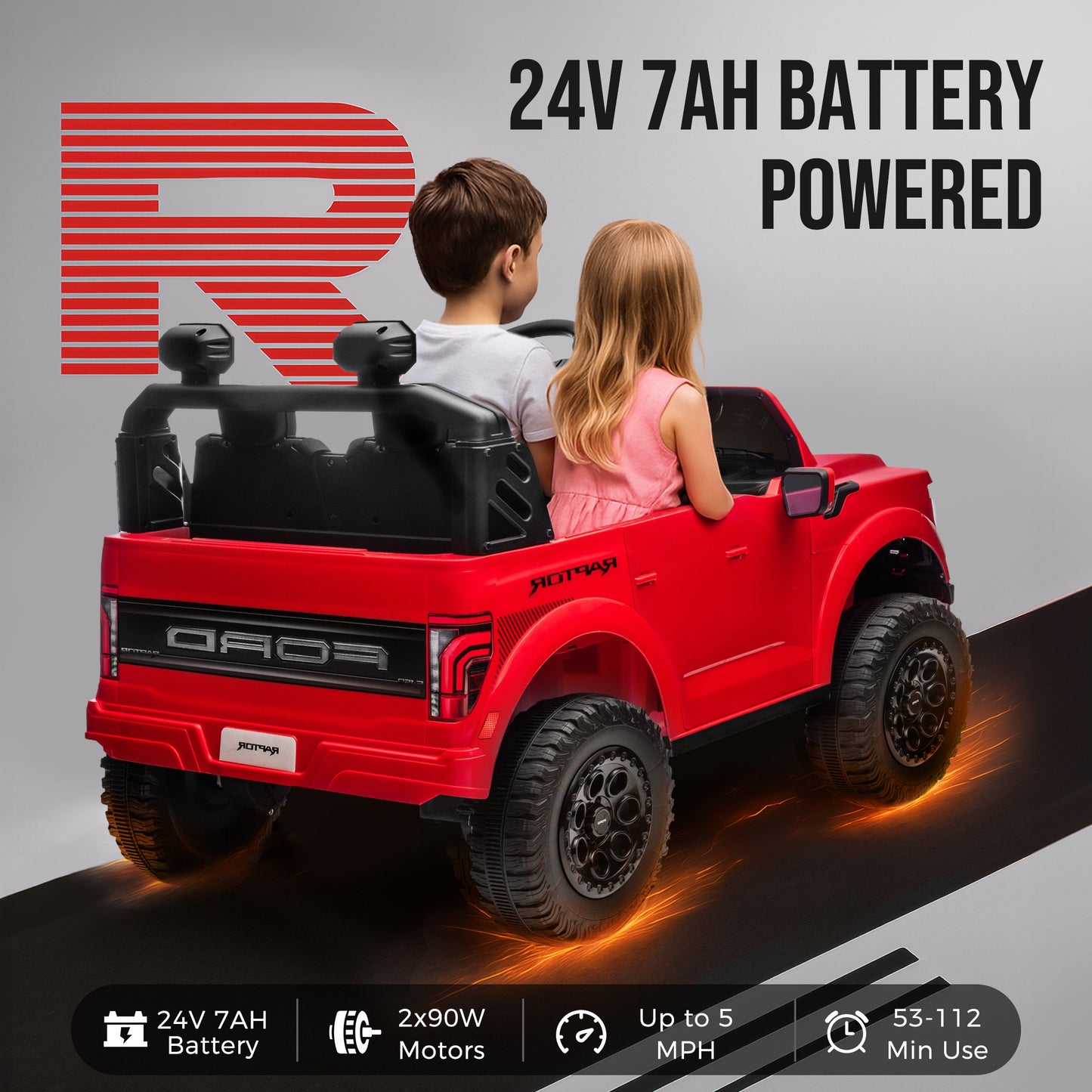 iRerts 24V Ride on Toys for Big Kids, Licensed Ford F 150 Raptor 2 Seater Ride on Cars with Remote Control, Bluetooth, FM Radio, LED Lights, 4 Wheels Suspension, Electric Car for Kids Ages 3-8, Red