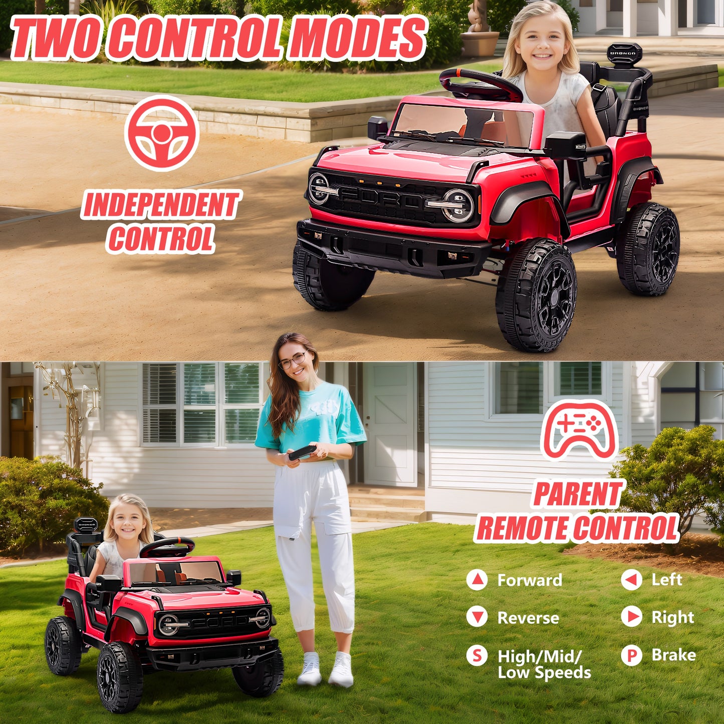 12V Powered Ride on Car, Ford Bronco Raptor Ride on Toys with Remote Control, Battery Powered Ride on Trucks with Bluetooth Music, LED Light, Kids Car Electric Vehicle for Boys Girls Gifts, Red