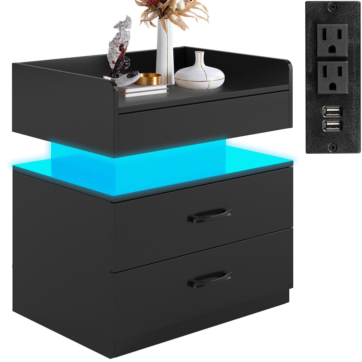 iRerts Nightstand for Bedroom, Wood End Side Table with Charging Station, USB Ports, 16 LED Lights, 2 Storage Drawers, Modern Bedside Table LED Nightstand for Bedroom Living Room, Black