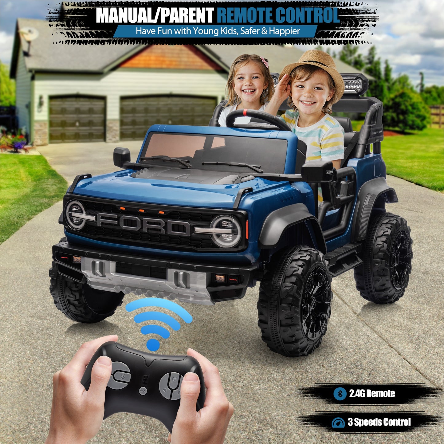 Ford Bronco Raptor 24V Ride on Toys, 2 Seater Ride on Cars with Remote Control, Bluetooth Music, Spring Suspension, Battery Powered Electric Car for Kids Ages 3-8, Blue