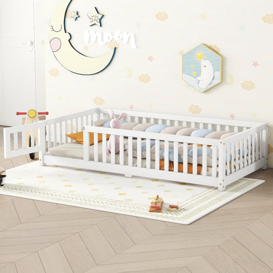 iRerts Twin Floor Bed Frame for Toddlers Kids, Wood Twin Montessori Bed Frame with Slats, Fence, Door, Kids Montessori Bed Twin Size, Twin Toddler Bed Frame for Boys Girls, White