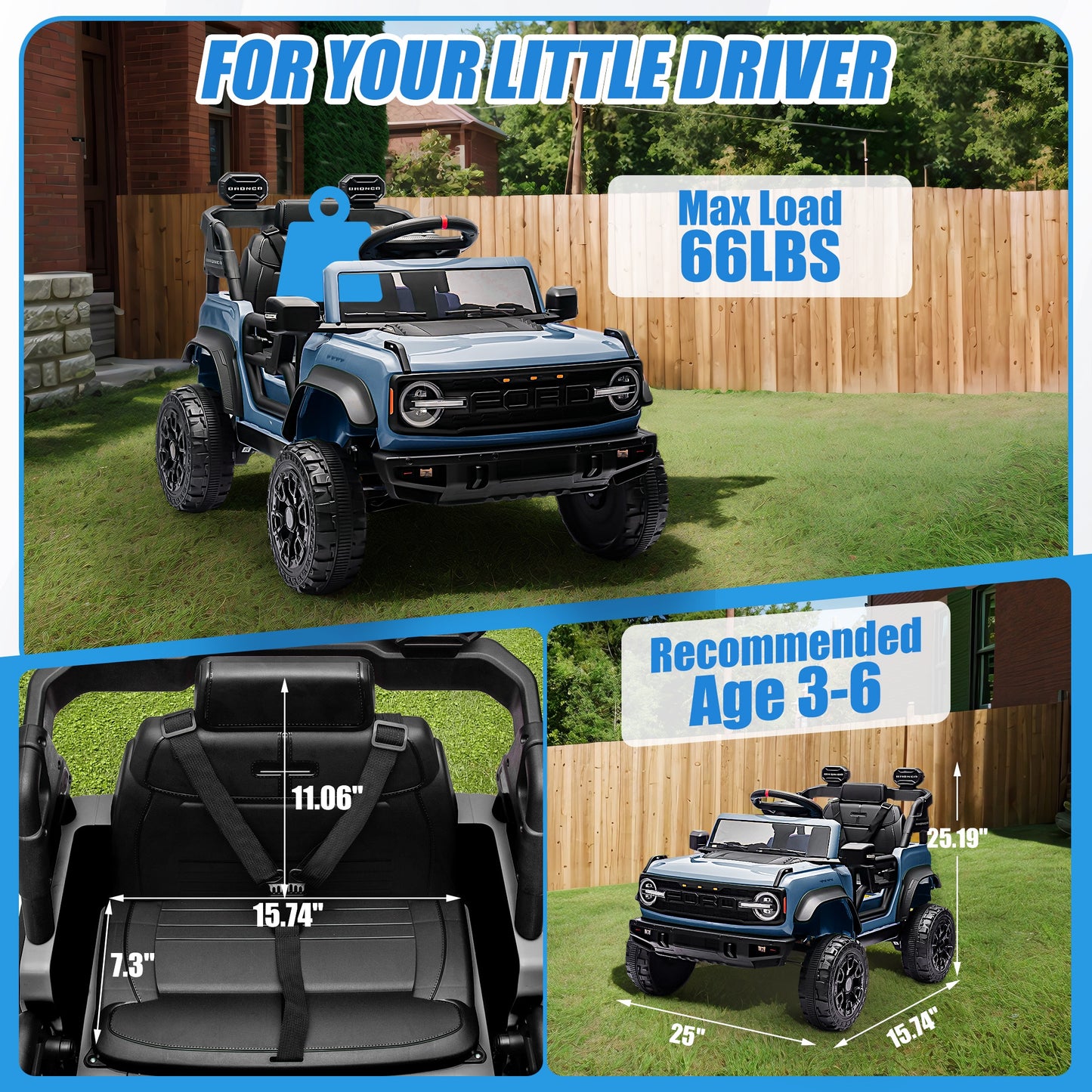 12V Powered Ride on Car, Ford Bronco Raptor Ride on Toys with Remote Control, Battery Powered Ride on Trucks with Bluetooth Music, LED Light, Kids Car Electric Vehicle for Boys Girls Gifts, Blue