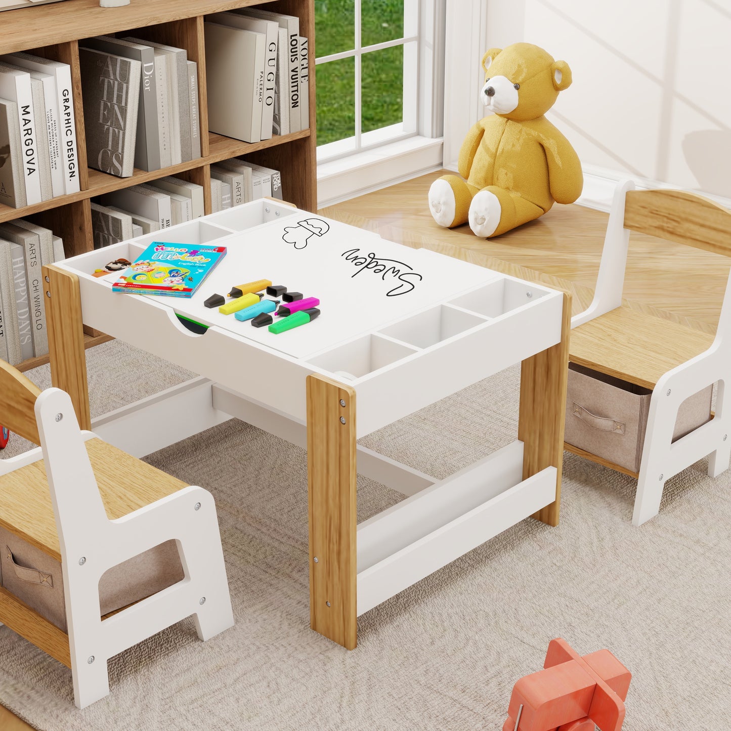2 in 1 Kids Table Set, Kids Play Activity Table with Building Bricks, Whiteboard, Toy Organizer Compatible, Wood Building Block Desk for Drawing Reading Arts Crafts, White
