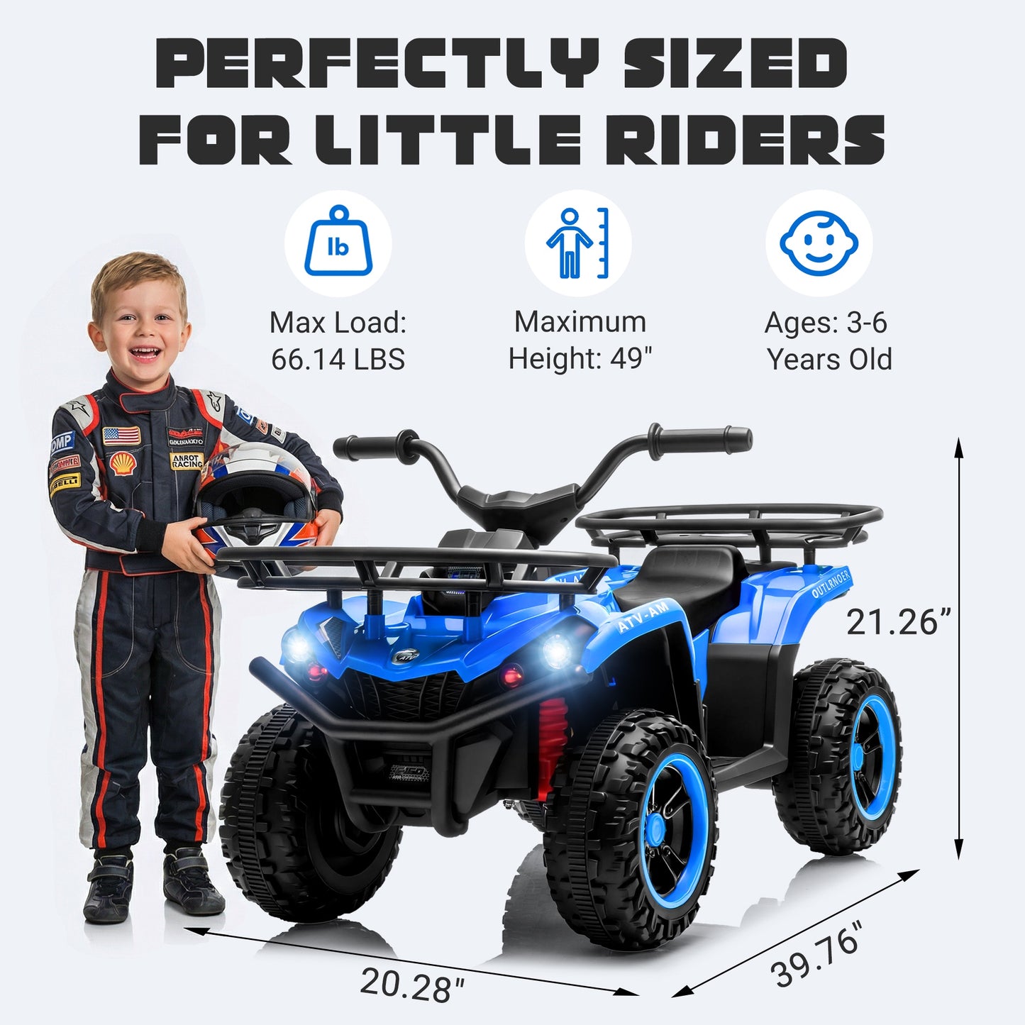 iRerts 24V Ride on ATV, Powered Ride on Toys for Kids Boys Girls Ages 3-5, Kids 4 Wheeler Electric Cars with Bluetooth, Music, LED Headlights, Front Rear Storage Racks, Crash Bars, Blue