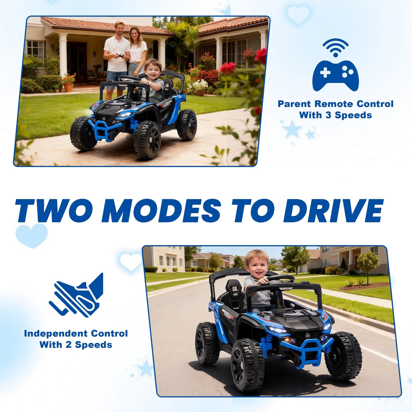 iRerts 24V Powered Ride on Car UTV, Kids Ride on Toys with Remote Control, Bluetooth, Music, 4 Wheels Suspension, LED Light, Kids Cars 4 Wheeler Electric Vehicles for Boys Girls Ages 3-5 Gifts, Blue