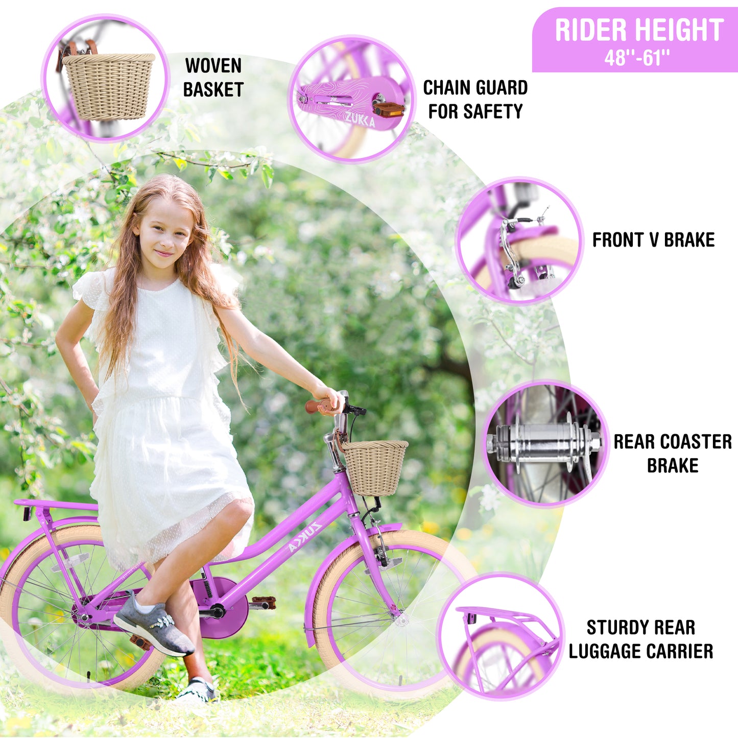 iRerts Girls Bike for 7-10 Years Old Kids, 20 Inch Bike with Basket, Brown Leather Saddle, Coaster Brakes, Retro Style Girls Bicycle Kids Cycle Bikes, Kids Bicycle for Gifts, Pink Purple