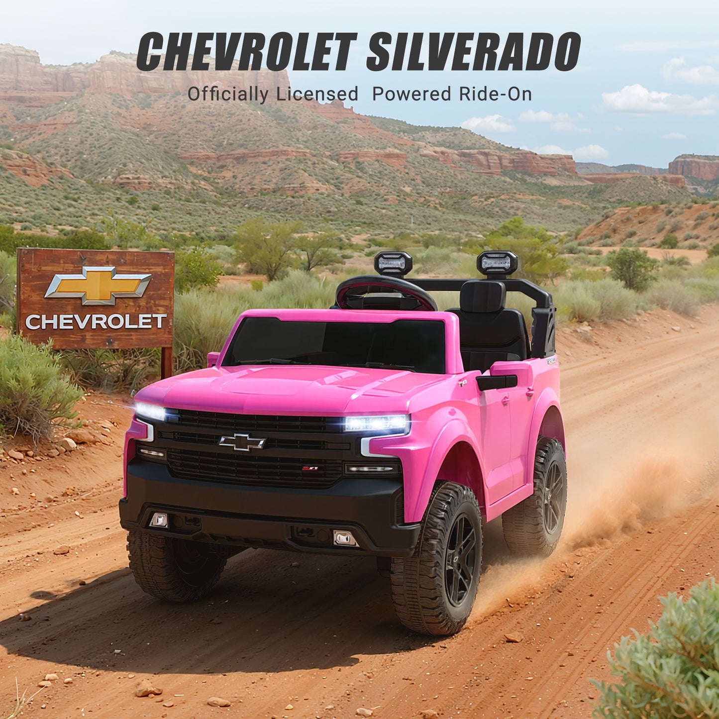 24V Powered Ride on Toys Car, Licensed Chevrolet Silverado 2 Seater Ride on Cars with Remote Control, Spring Suspension, LED Lights, Bluetooth Music, Toddler Electric Car for Kids Ages 3+, Pink