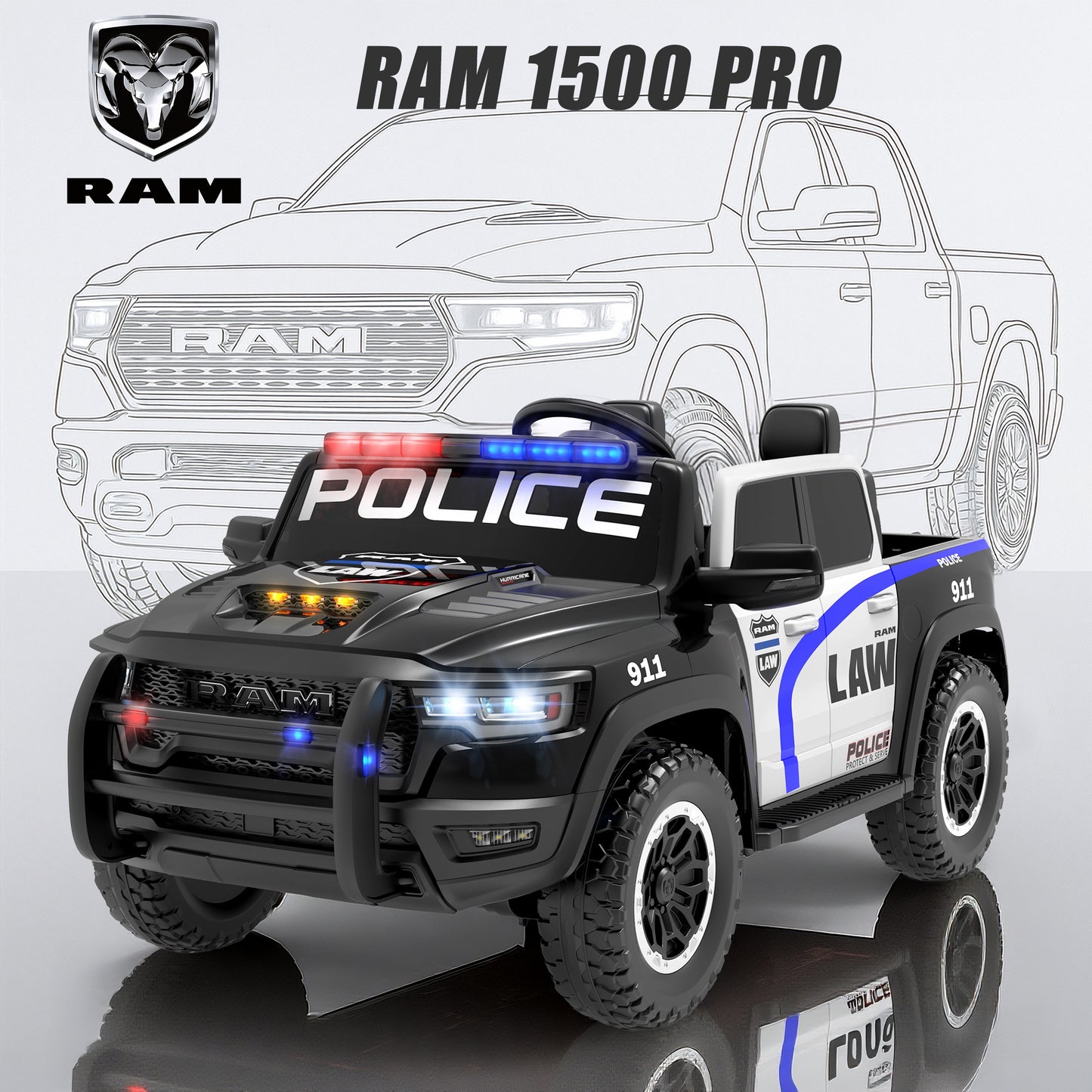 24V Licensed RAM 1500 Ride on Police Car for Kids, 2 Seater Ride on Car with Parent Remote Control, Bluetooth, LED Lights, Siren, Rear Storage, 4-Wheel Suspension, Ages 3-8, Black