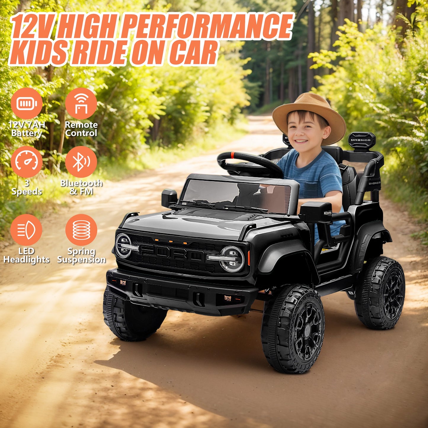 12V Powered Ride on Car, Ford Bronco Raptor Ride on Toys with Remote Control, Battery Powered Ride on Trucks with Bluetooth Music, LED Light, Kids Car Electric Vehicle for Boys Girls Gifts, Black