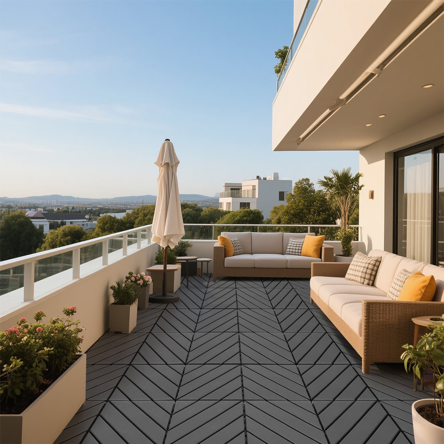 iRerts Plastic Interlocking Deck Tiles, 44 Pack Outdoor Flooring Tiles 12" x 12", All Weather Use, Patio Floor Decking Tiles for Porch Poolside Balcony, Gray