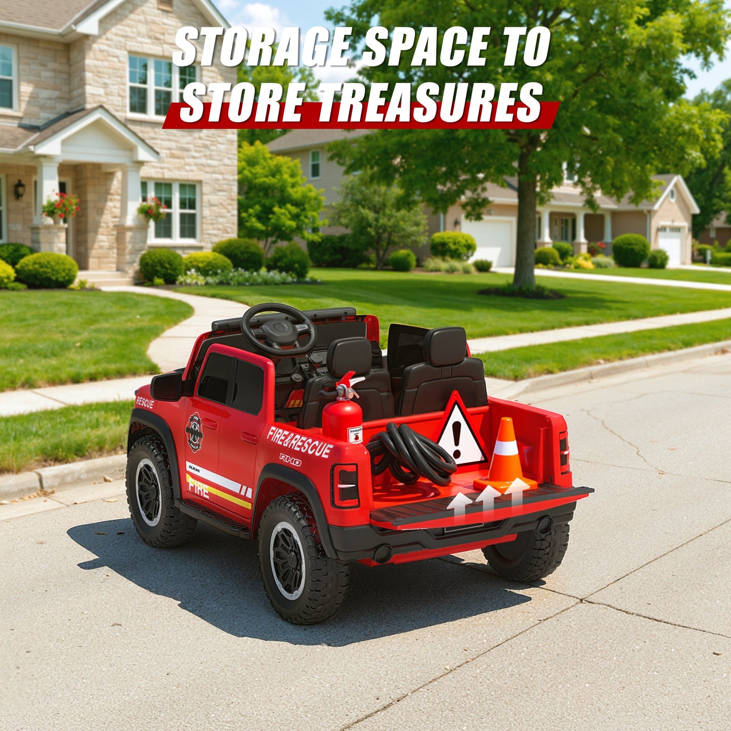 24V Licensed RAM 1500 Ride on Fire Truck for Kids, 2 Seater Ride on Car with Parent Remote Control, Bluetooth, LED Lights, Siren, Rear Storage, 4-Wheel Suspension, Ages 3-8, Red