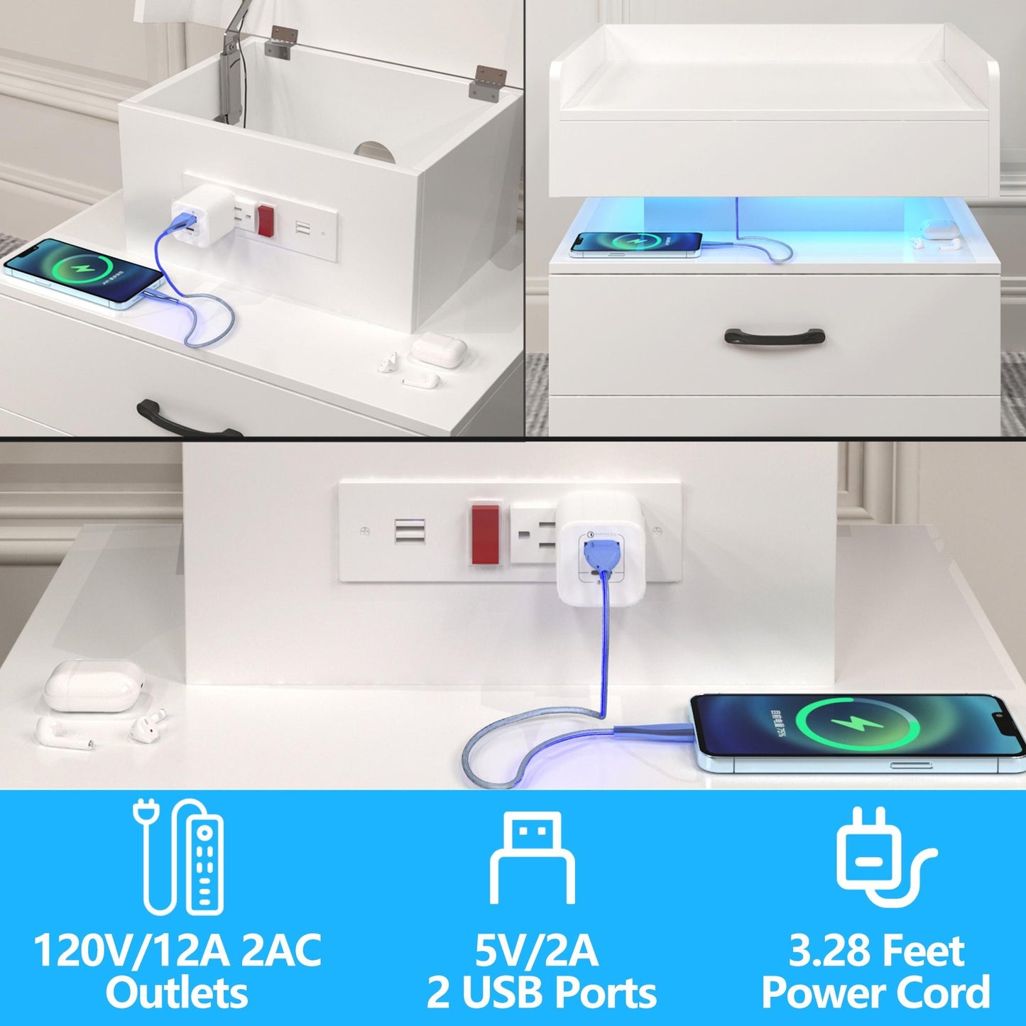 iRerts Bedside Table with Charging Station, Wood High Gloss Nightstand for Bedroom with Plug Outlet, 2 USB Ports, 2 Drawers, 16 LED Lights, Modern Night Stands End Side Table for Bedroom Office, White