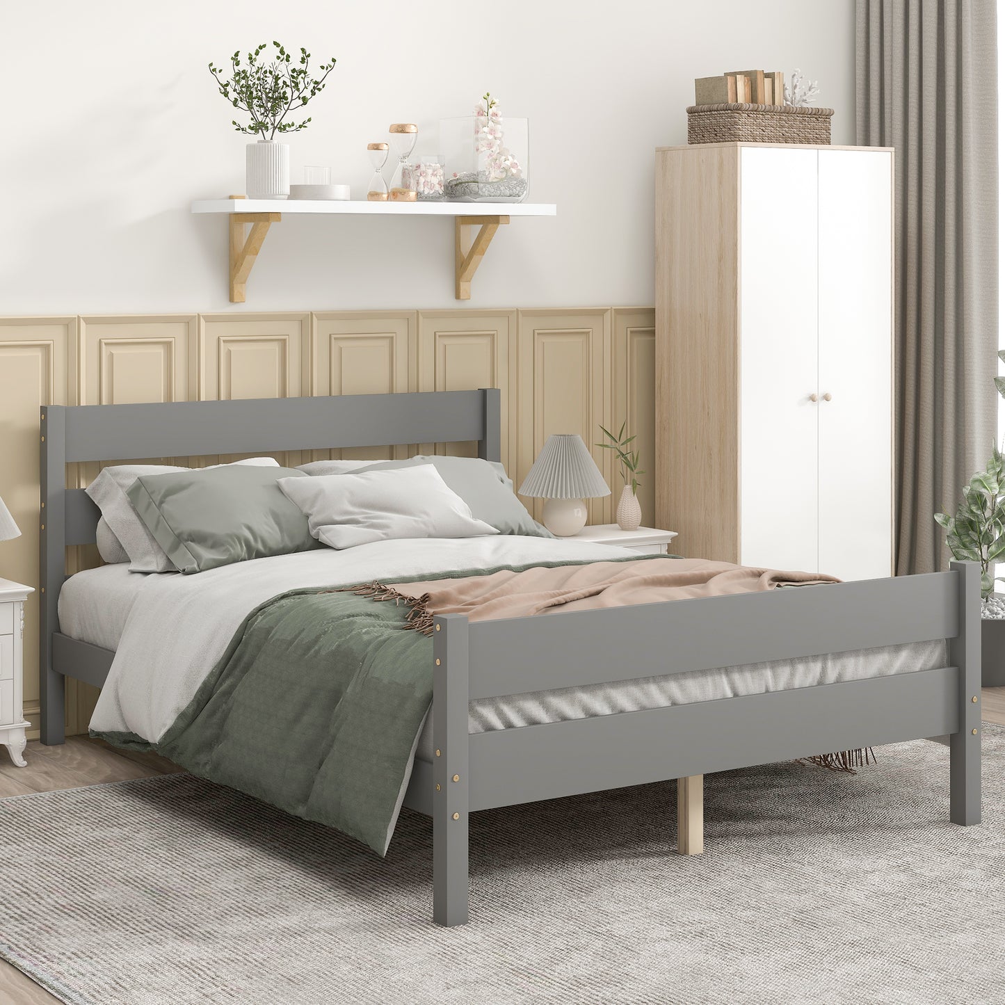 iRerts Wood Full Bed Frame, Gray Full Platform Bed Frame with Headboard and Footboard, Modern Full Bed Frame No Box Spring Needed for Adults Teens Kids, Full Size Bed Frame with Wood Slat Support
