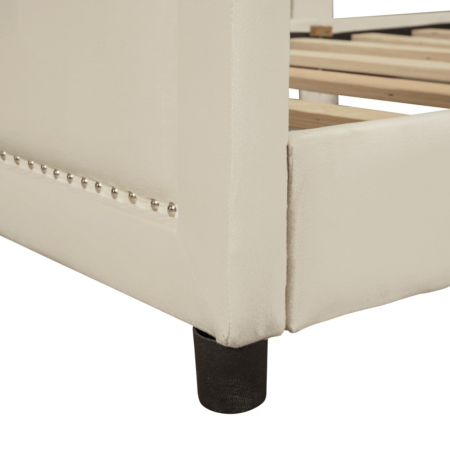 iRerts Upholstered Twin Platform Bed Frame, Velvet Twin Daybed Frame with Classic Stripe Shaped Headboard and Footboard, Wood Twin Size Sofa Bed for Kids Girls Boys, No Box Spring Needed, Beige