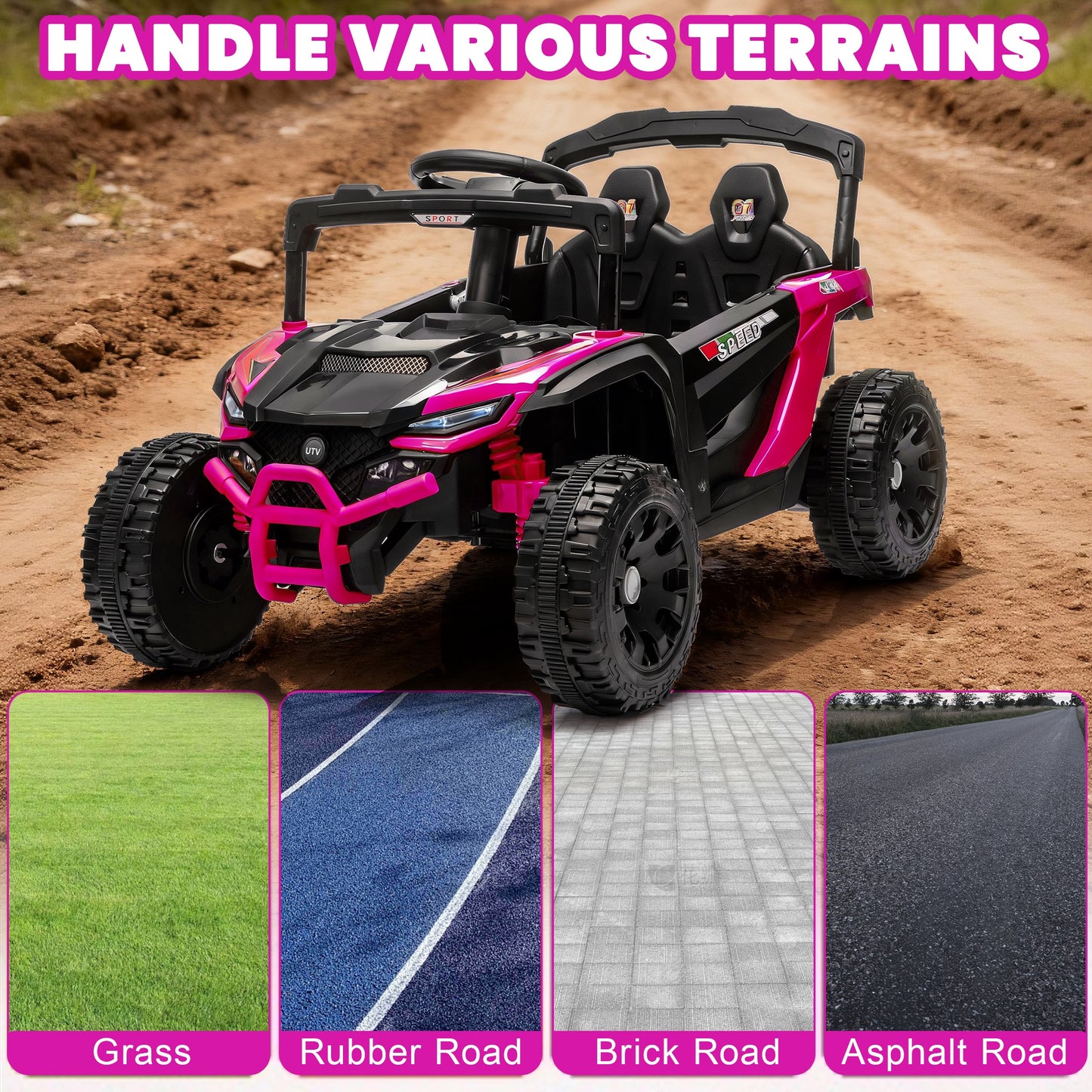 iRerts 24V Powered Ride on Car UTV, Kids Ride on Toys with Remote Control, Bluetooth, Music, 4 Wheels Suspension, LED Light, Kids Cars 4 Wheeler Electric Vehicles for Boys Girls Ages 3-5 Gifts, Pink