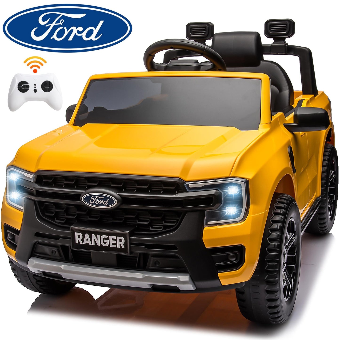 iRerts Yellow 12V Ford Ranger Powered Ride on Car with Remote Control, Kids Electric Car for Boys Girls 3-6 Ages, Kids Ride on Toys with Bluetooth, Music, USB Port, Horn, LED Lights