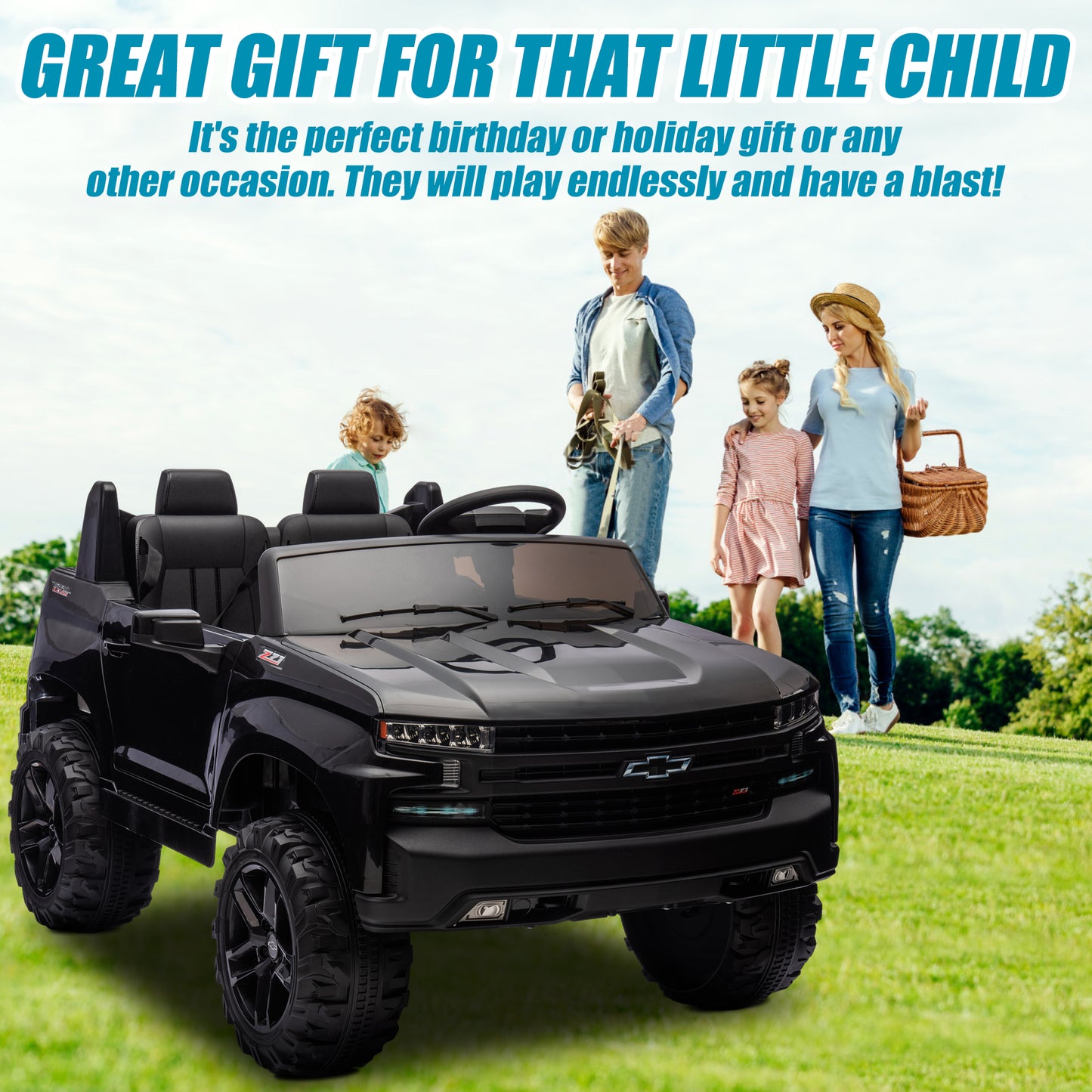Chevrolet Silverado 24V Ride on Cars with Remote Control, 2 Seater 4 Wheels Kids Electric Cars with Bluetooth, LED Lights, Battery Powered Ride on Truck Toys for Boys Girls Christmas Gifts, Black