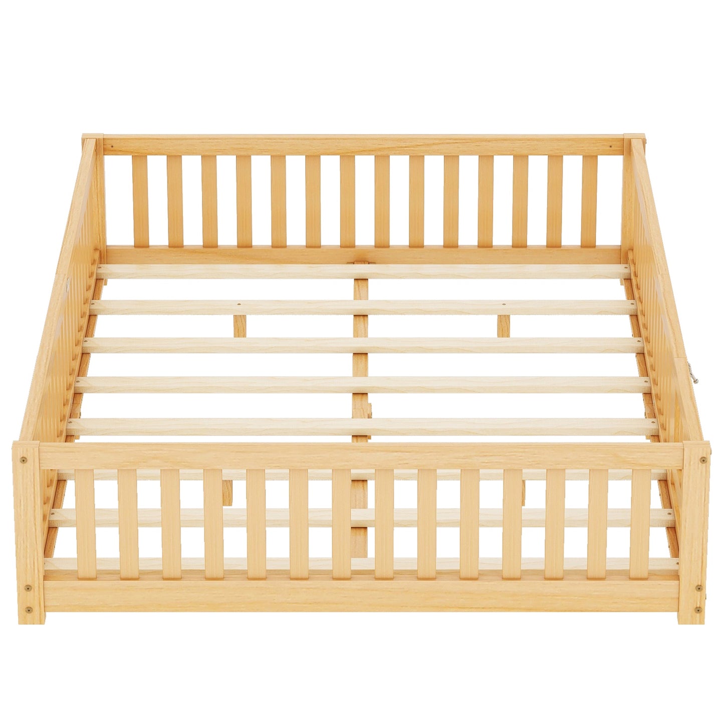iRerts Queen Floor Bed Frame for Toddlers Kids, Wood Queen Montessori Bed Frame with Slats, Fence, Door, Kids Montessori Bed Queen Size, Queen Toddler Bed Frame for Boys Girls, Natural