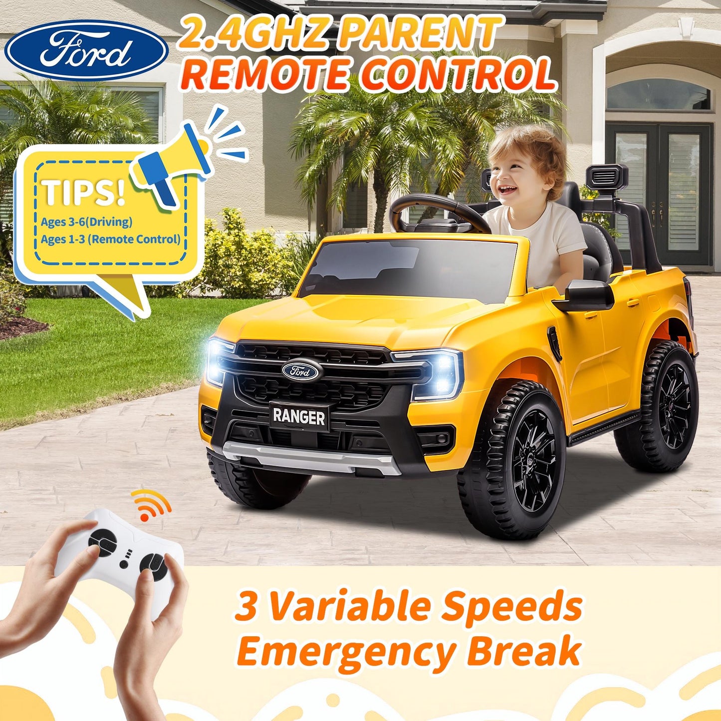 12V Ride on Cars with Remote Control, Ford Ranger Electric Cars for Kids with Bluetooth, Music, USB Port, Horn, LED Lights, Battery Powered Ride on Toys for Kids Boys Girls 3-6 Ages Gifts, Yellow