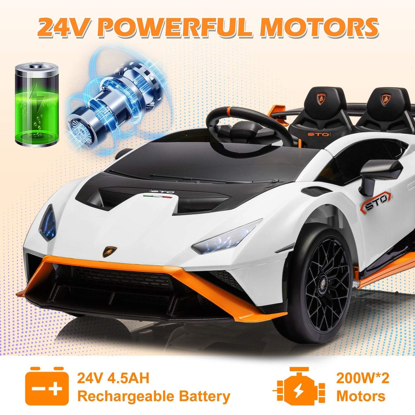 iRerts White 24V Lamborghini Ride on Cars with Remote Control, Battery Powered Kids Ride on Toys for Boys Girls 3-8 Ages, 4 Wheels Electric Cars for Kids with Bluetooth/Music/USB Port/LED Lights