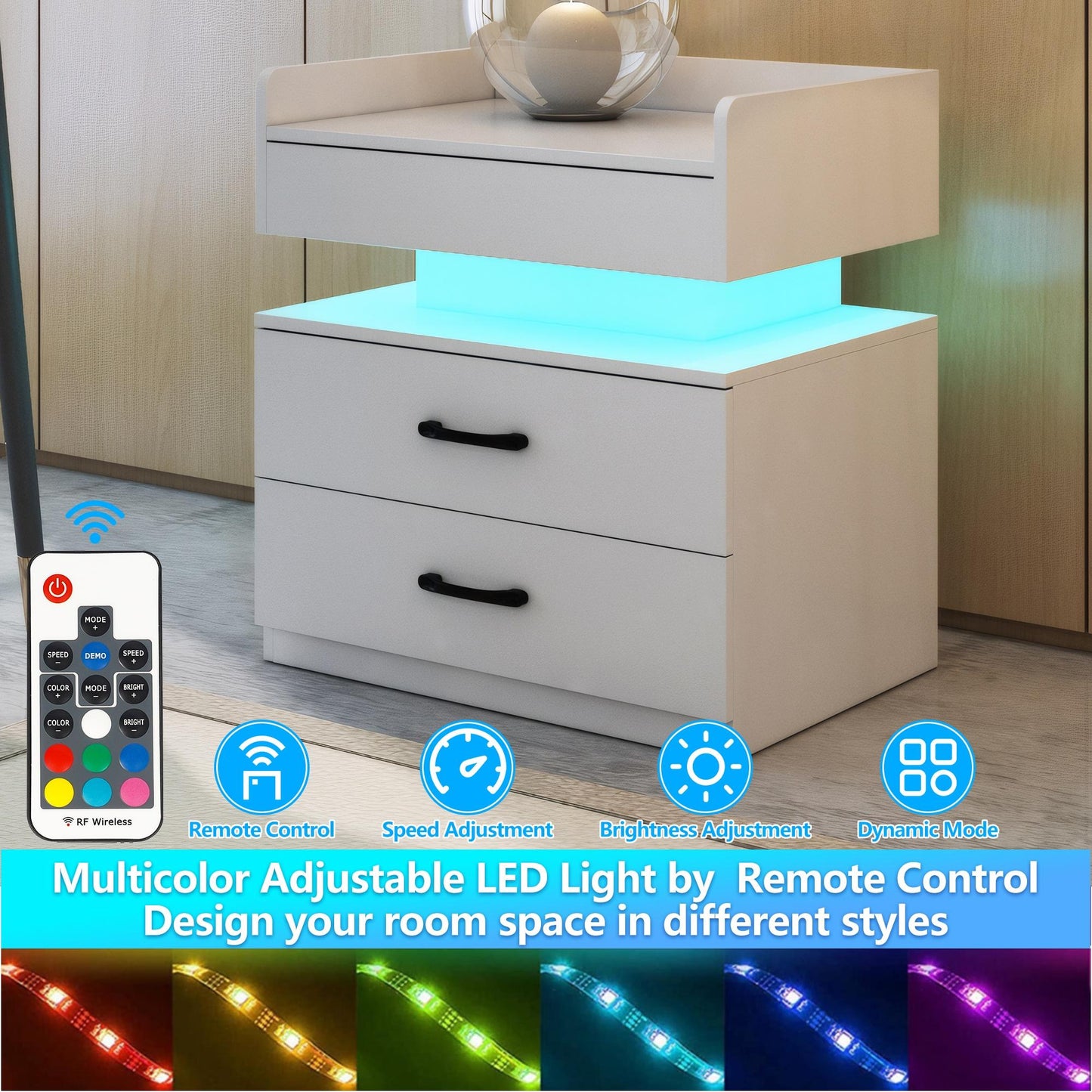 iRerts Bedside Table with Charging Station, Wood High Gloss Nightstand for Bedroom with Plug Outlet, 2 USB Ports, 2 Drawers, 16 LED Lights, Modern Night Stands End Side Table for Bedroom Office, White