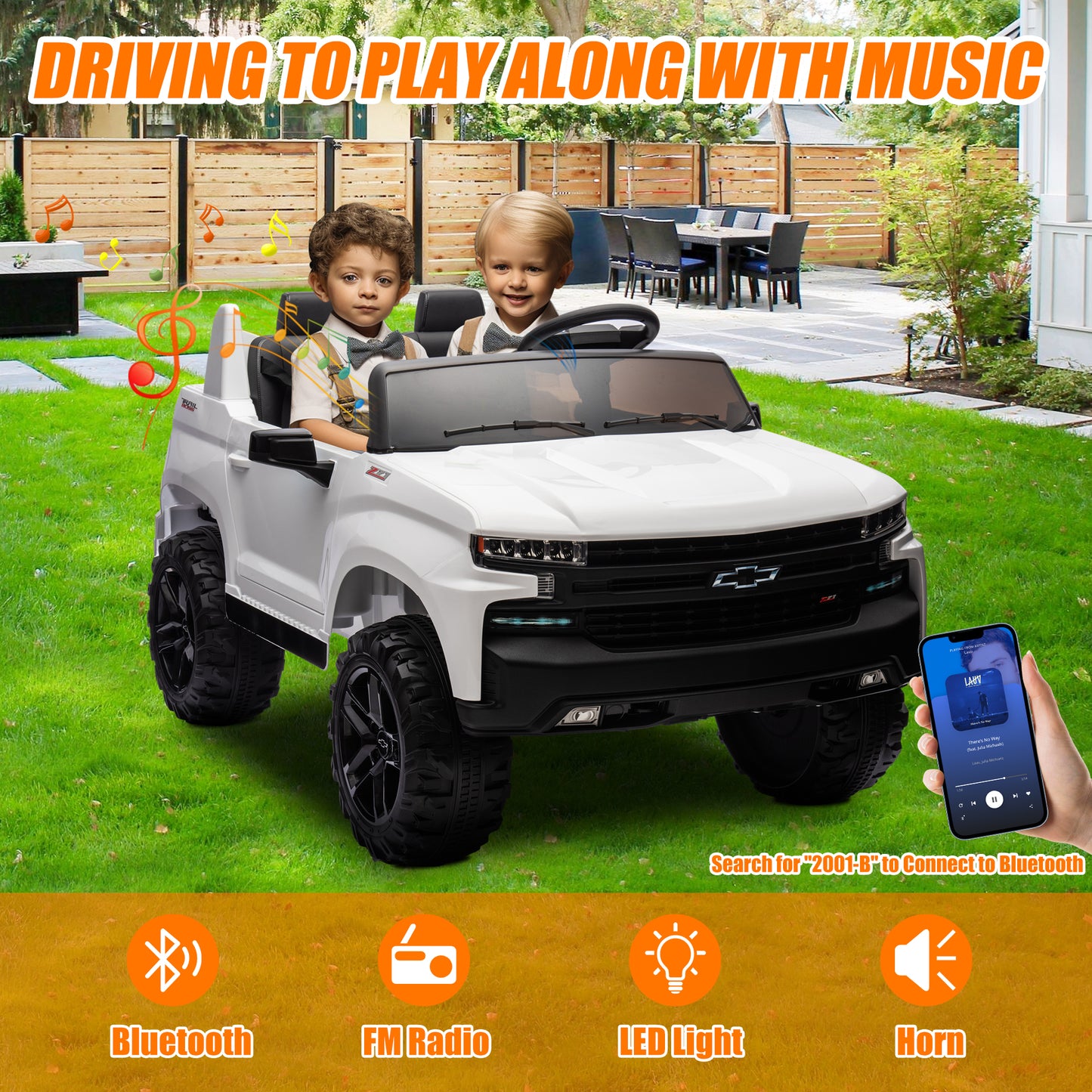 Chevrolet Silverado 24V Ride on Cars with Remote Control, 2 Seater 4 Wheels Kids Electric Cars with Bluetooth, LED Lights, Battery Powered Ride on Truck Toys for Boys Girls Christmas Gifts, White