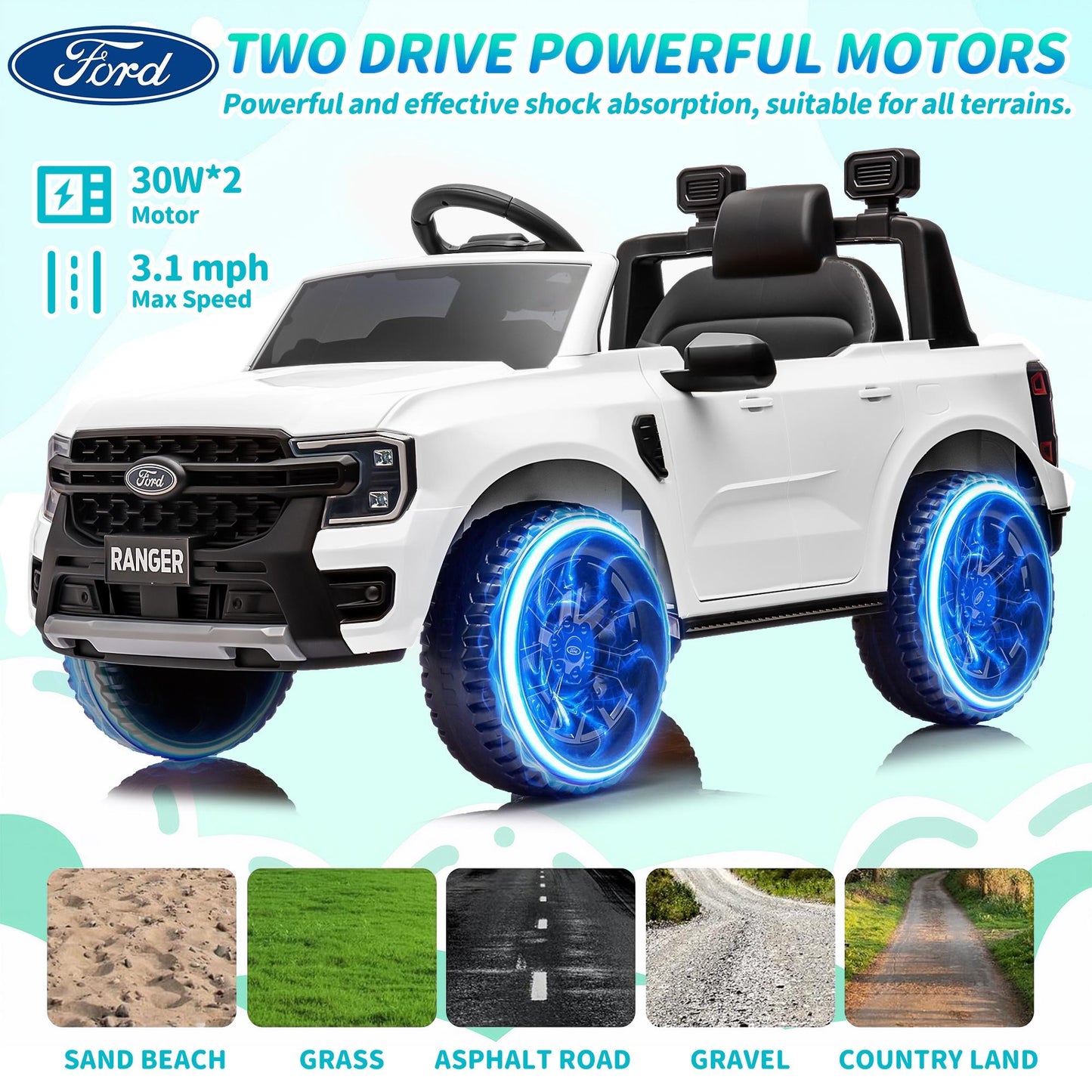 12V Ride on Cars with Remote Control, Ford Ranger Electric Cars for Kids with Bluetooth, Music, USB Port, Horn, LED Lights, Battery Powered Ride on Toys for Kids Boys Girls 3-6 Ages Gifts, White