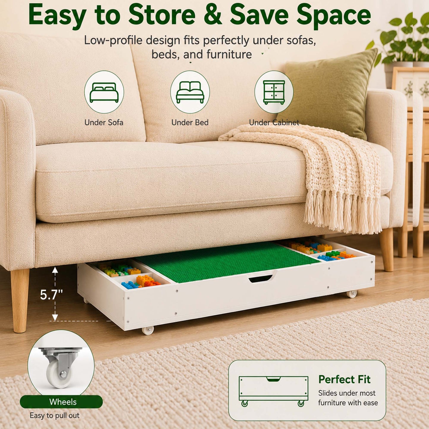 Kids Activity Table, 3 in 1 Reversible Kids Play Table with Building Bricks, Whiteboard, City Road Map, Toy Organizer Compatible, Wood Building Block Desk for Drawing, Reading, Arts, Crafts, White