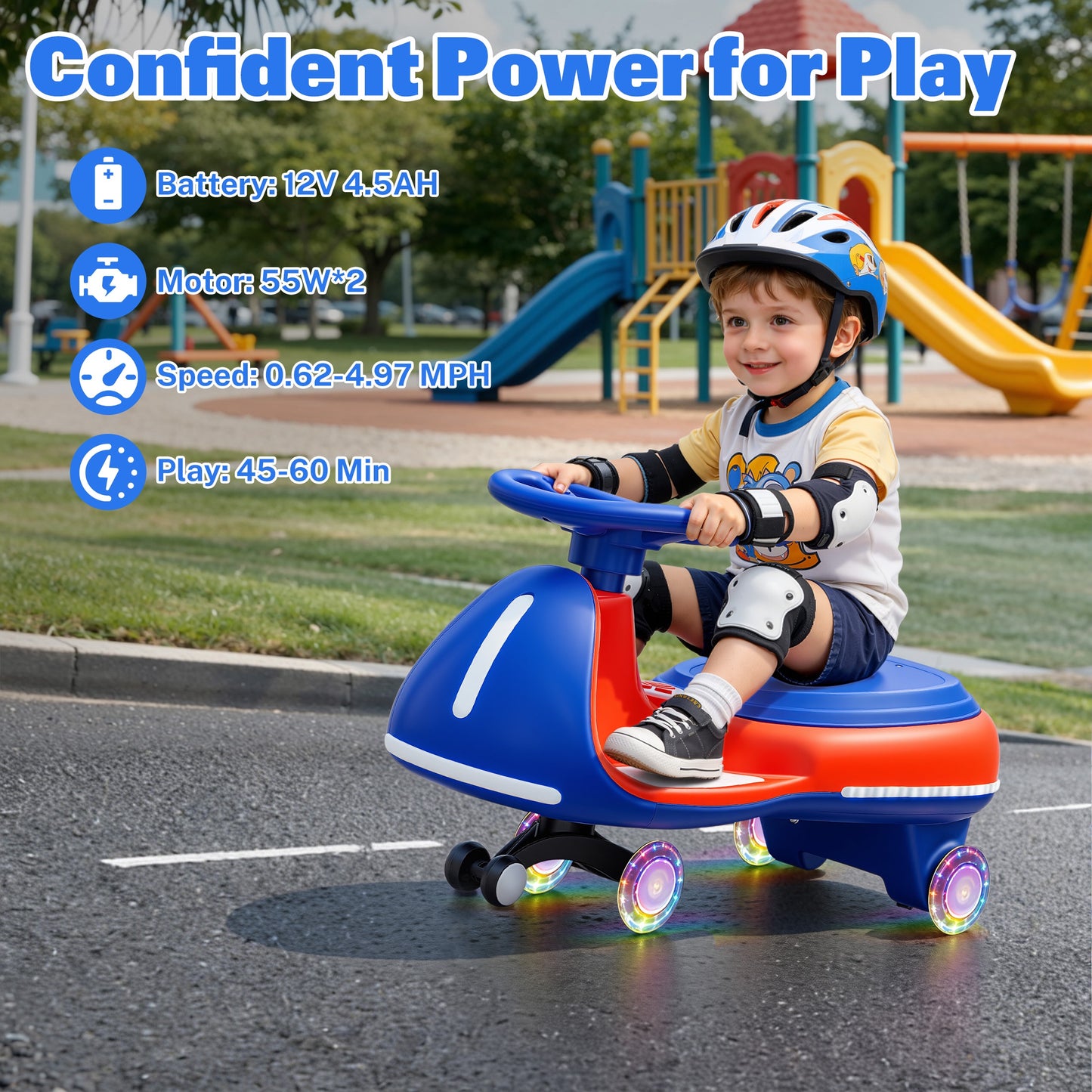 iRerts 12V Ride on Toys, Electric Ride on Wiggle Car with Pedal, 2 in 1 Swing Car Kids Wiggle Car for Toddlers Ages 3+, Kids Cars with Flashing PU Wheels, Bluetooth Music, 5MPH Max Speed, Blue+Red