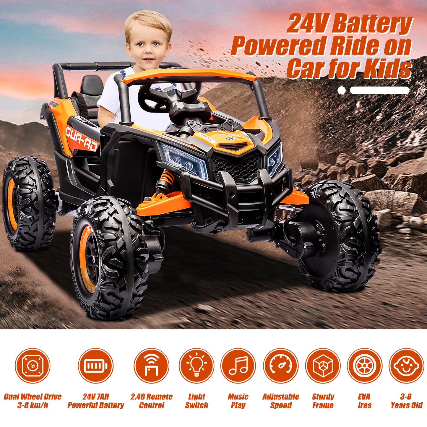 iRerts Orange 24V Battery Powered Ride on UTV Cars for Boys Girls, Kids Ride on Toys with Remote Control, Music, LED Light, USB, Bluetooth, Large Seat Kids Electric Vehicle for Christmas Birthday Gift