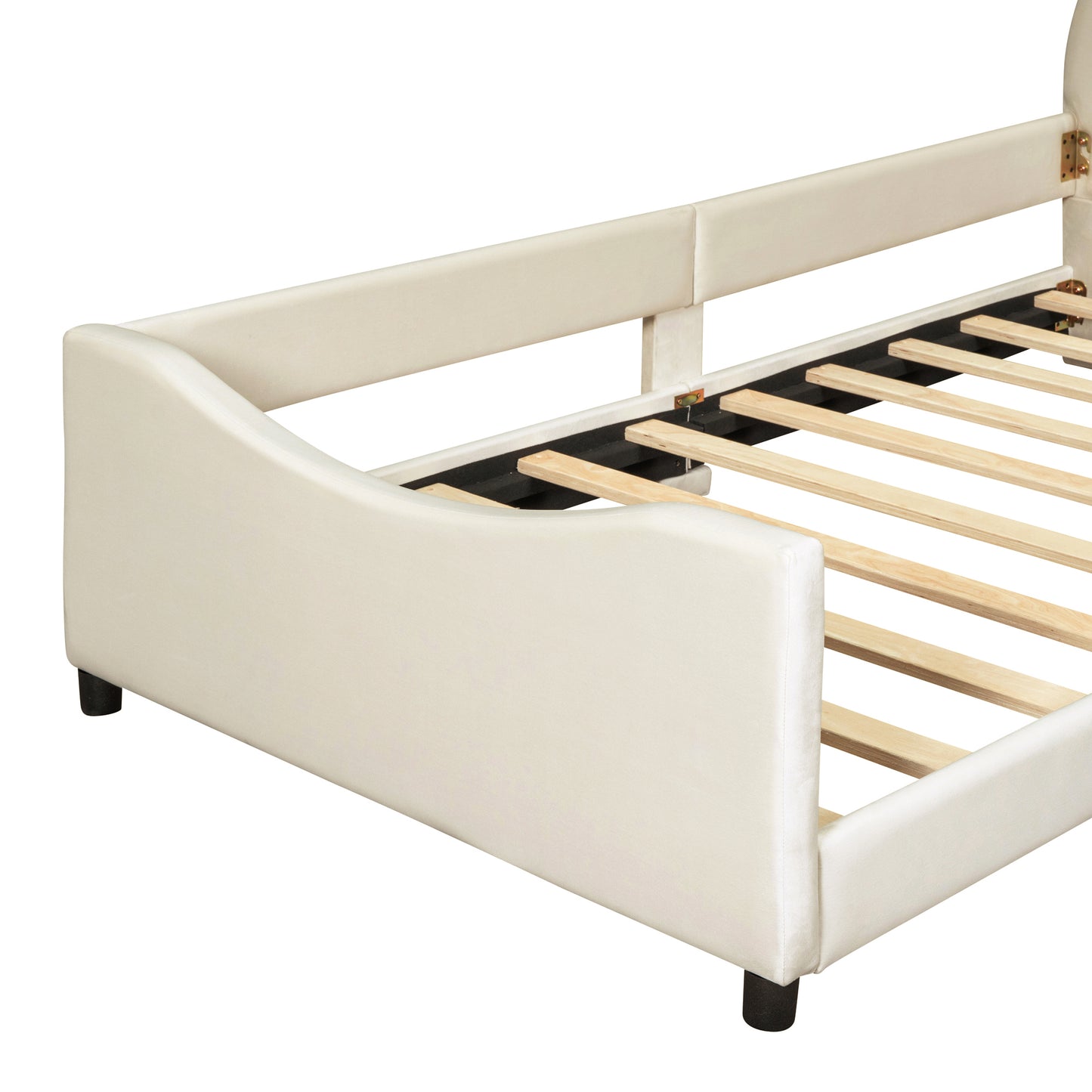 iRerts Upholstered Twin Daybed Frame for Kids, Velvet Twin Platform Bed Frame with Rabbit Ear Shaped Headboard and Footboard, Wood Twin Size Sofa Bed for Girls Boys, Beige