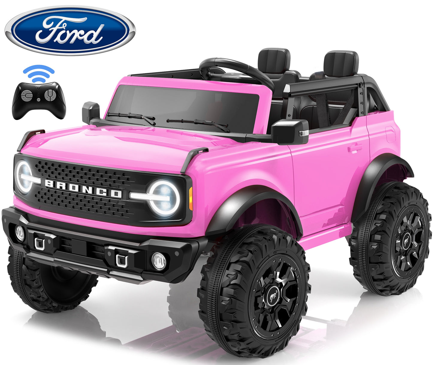 iRerts 2 Seater Ride on Cars, Licensed Ford Bronco Base 24V Ride on Toys for Big Kids Ages 3-8, Powered Kids Car Electric Vehicle with Remote Control, Bluetooth, LED Lights, 4 Wheel Suspension, Pink