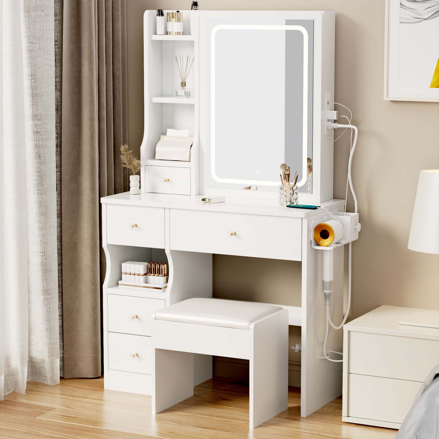 iRerts Vanity Desk with Chair, Makeup Vanity Set with LED Mirror, 2 AC+2 USB Power Station, Brightness Adjustable, Shelf, Drawers, Makeup Vanity Desk Dressing Table Set for Bedroom Small Space, White