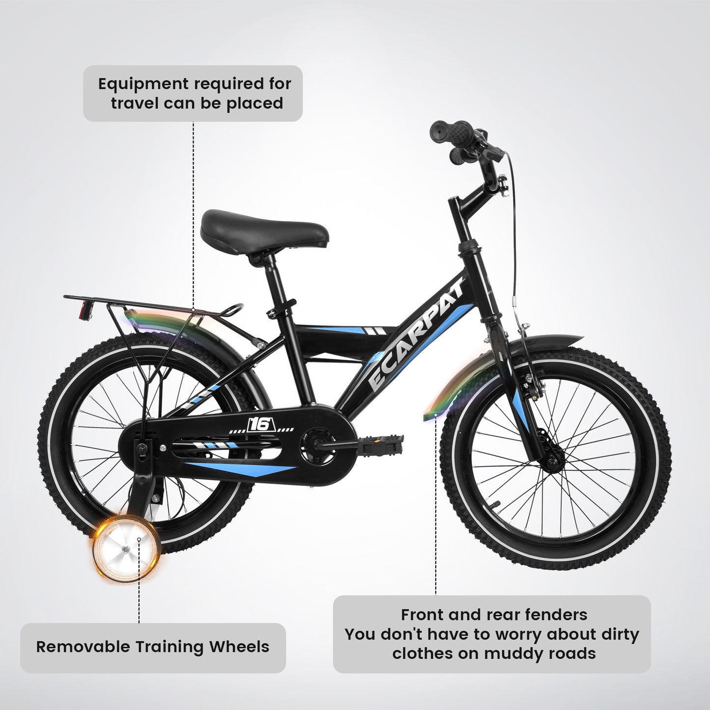 iRerts Kids Bike with Training Wheels, 14 Inch Kids Bicycle for Boys Girls Ages 3-5 Years Old, Boys Bicycles for Kids with Adjustable Seat, Fender and Varrier, Black