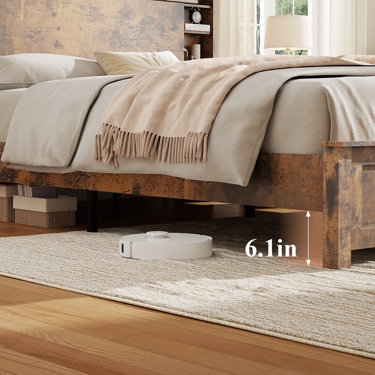iRerts Wood King Platform Bed Frame, King Bed Frame with Storage Headboard, Charging Station, LED Lights, King Bed Frame No Box Spring Needed, Dark Brown
