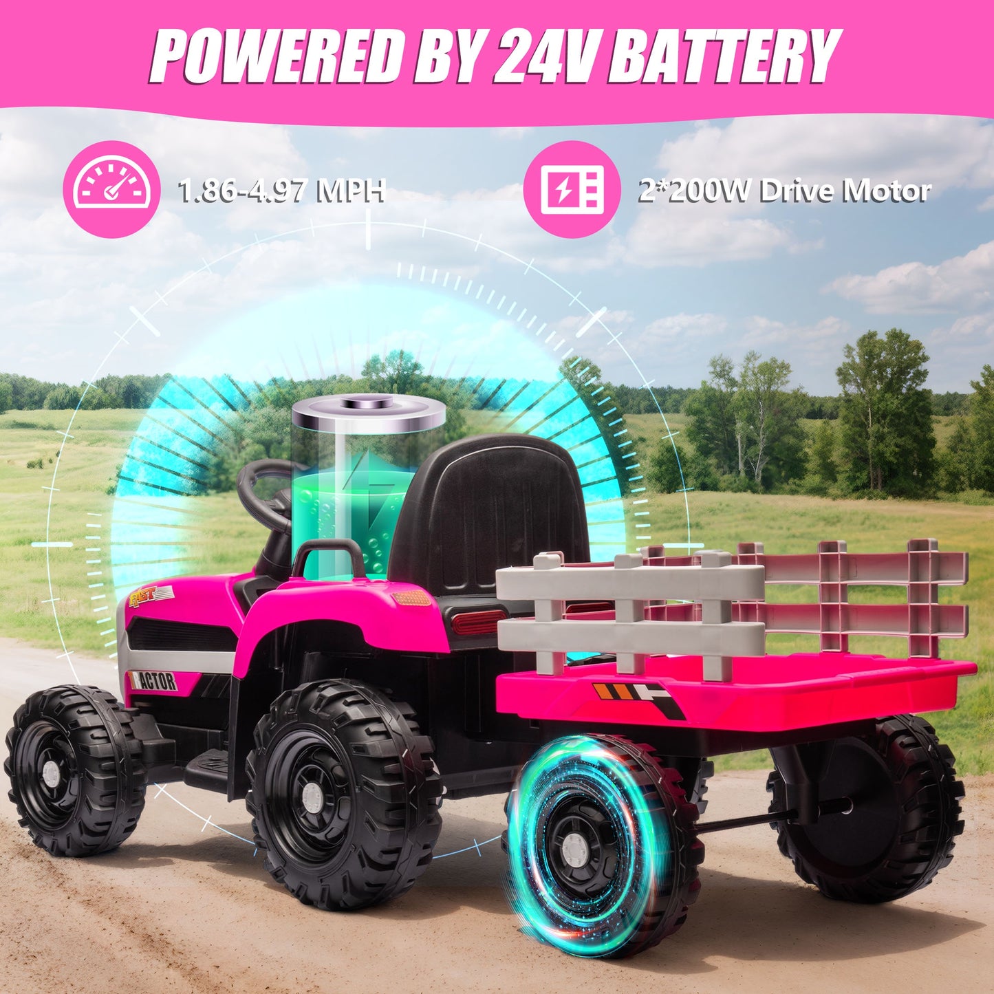 Powered Ride on Toy Tractor, 24V Kids Ride on Car with Remote Control, Electric Vehicles for Kids Toddlers 3-6 Years with 3 Speeds, Bluetooth, Music Player, LED Light, Rear Wheel Suspension, Rose Red