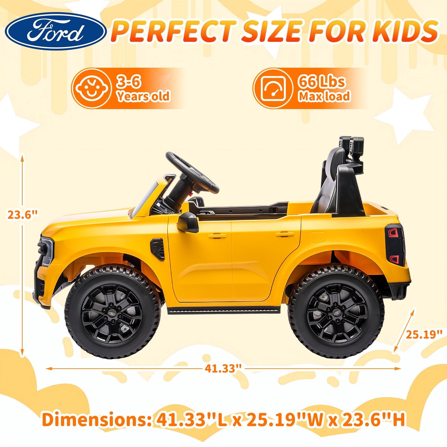 iRerts Yellow 12V Ford Ranger Powered Ride on Car with Remote Control, Kids Electric Car for Boys Girls 3-6 Ages, Kids Ride on Toys with Bluetooth, Music, USB Port, Horn, LED Lights