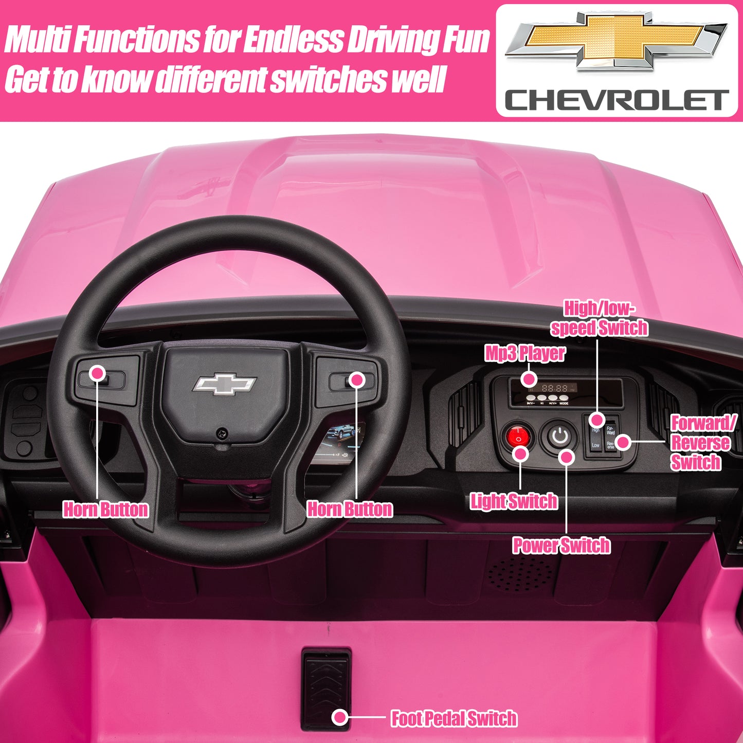 2 Seater 24V Ride on Cars with Remote Control, Licensed Chevrolet Silverado Kids Ride on Truck for Boys Girls Birthday Christmas Gifts, Battery Powered Kids Electric Cars with LED Lights, Music, Pink