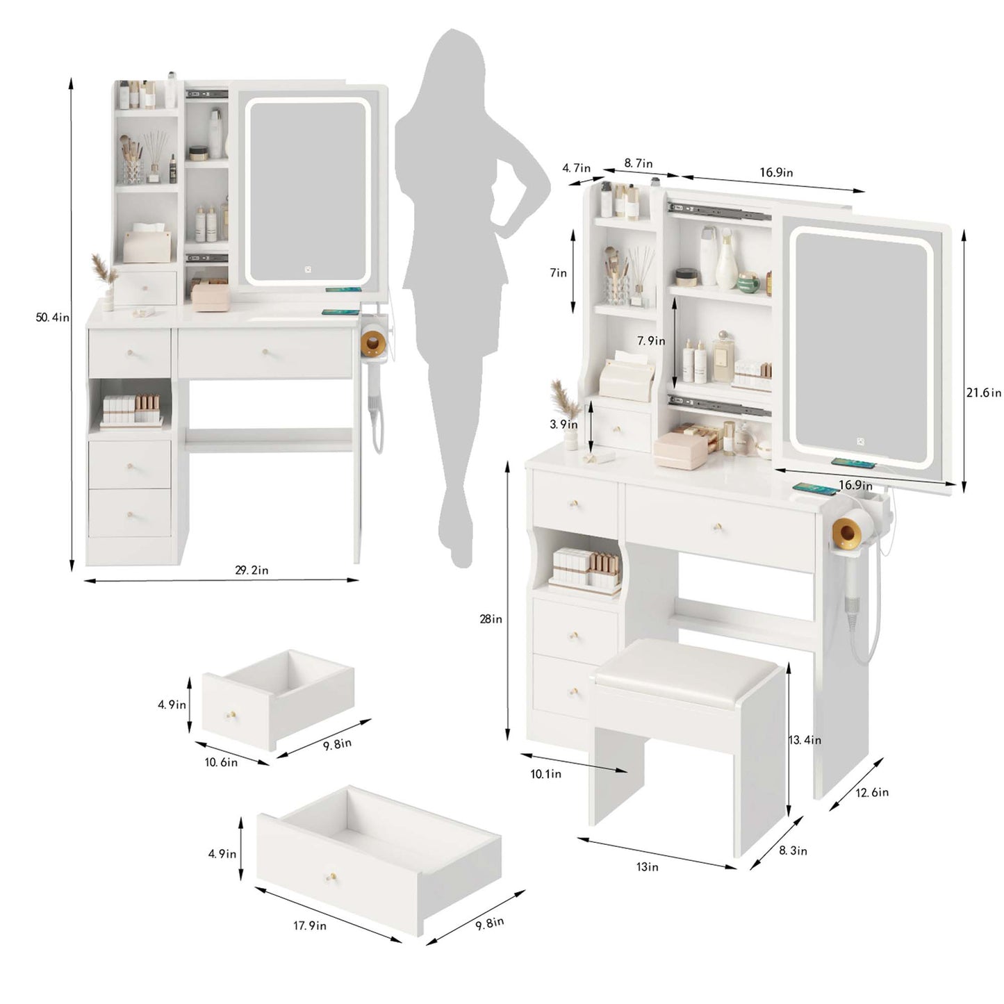 iRerts Vanity Desk with Chair, Makeup Vanity Set with LED Mirror, 2 AC+2 USB Power Station, Brightness Adjustable, Shelf, Drawers, Makeup Vanity Desk Dressing Table Set for Bedroom Small Space, White